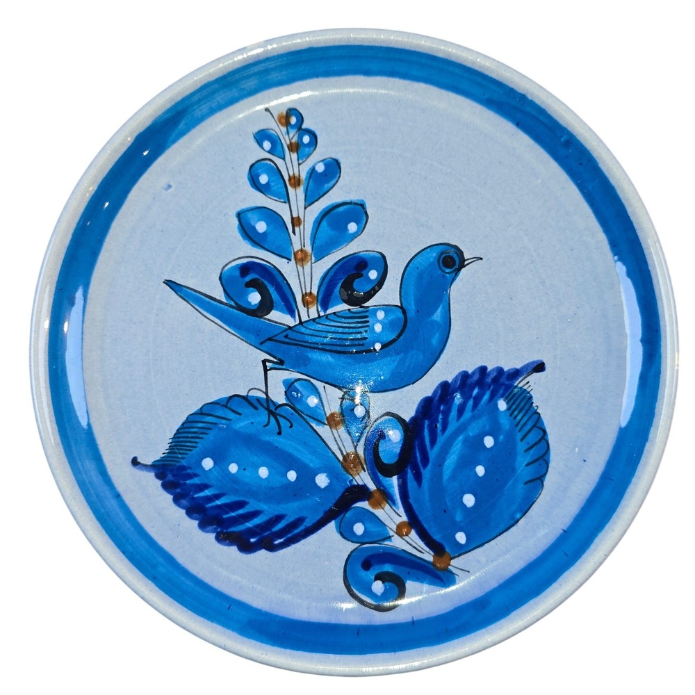 Tonala‎ Large 8" Ceramic Plate Blue Bird Flowers Hand-Painted Mexico VTG Dish